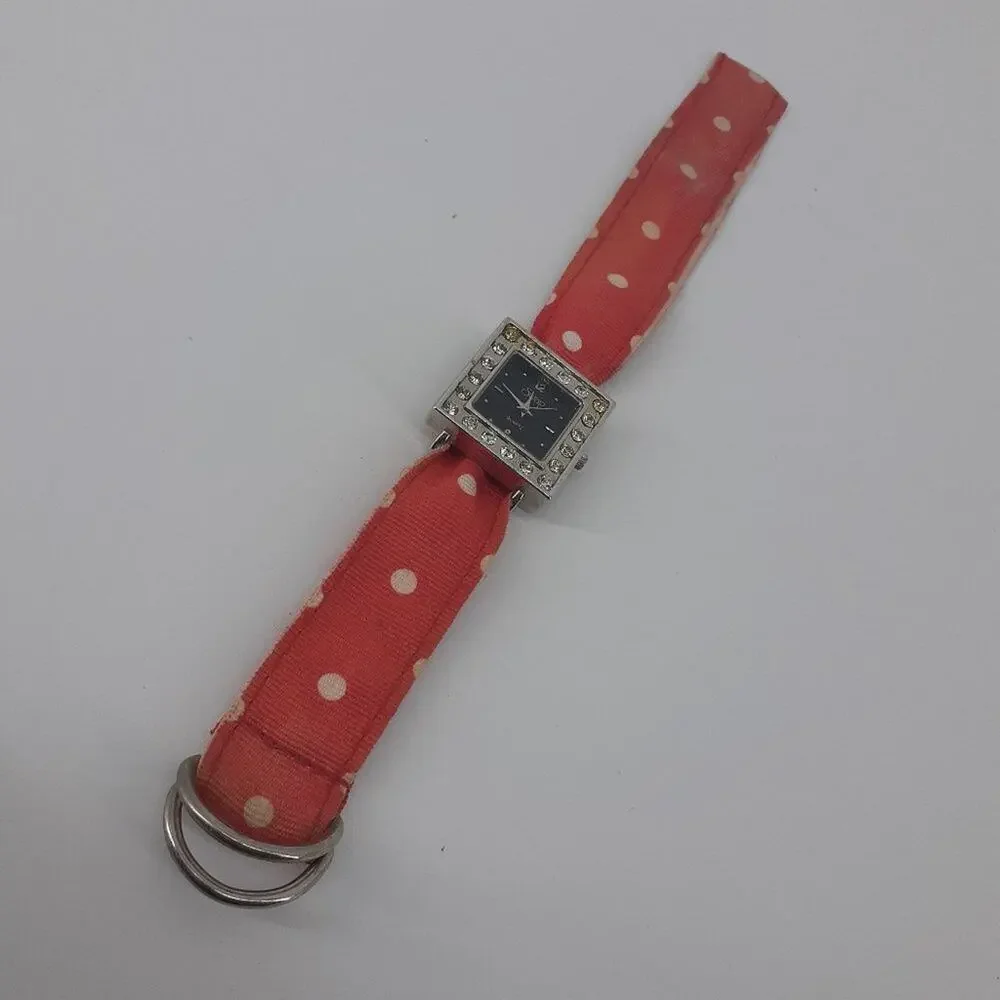 Swap Women Ribbon Wristwatch Red White Polka dot Rhinestone